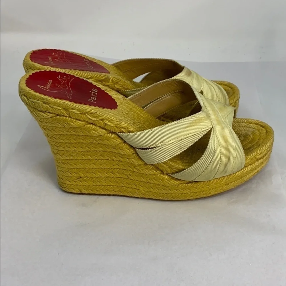 Christian Louboutin Sz 6 Yellow Ribbon Espadrille Wedges Heels Backless Sandals